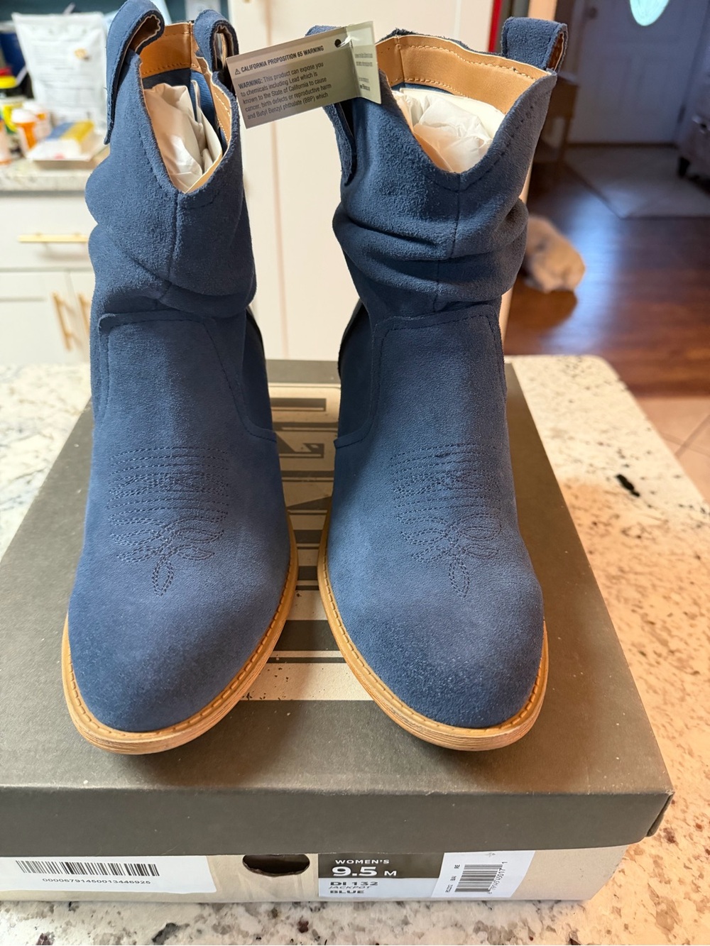 dingo Navy Faux Suede Western Slouch Ankle Boots with Tan Sole Trim